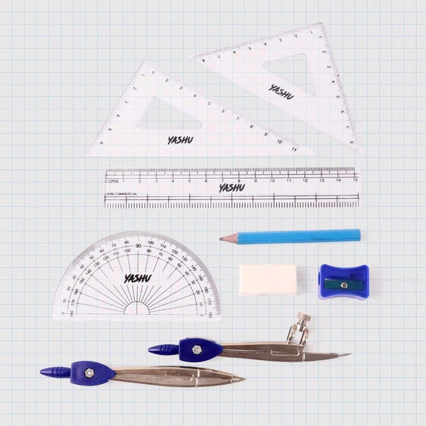 Complete Geometry Box Set with Compass, Scale, Set Squares, Protractor, Eraser & Sharpener – Metal Box with World Map Design | Ideal for School Students & Exam Use