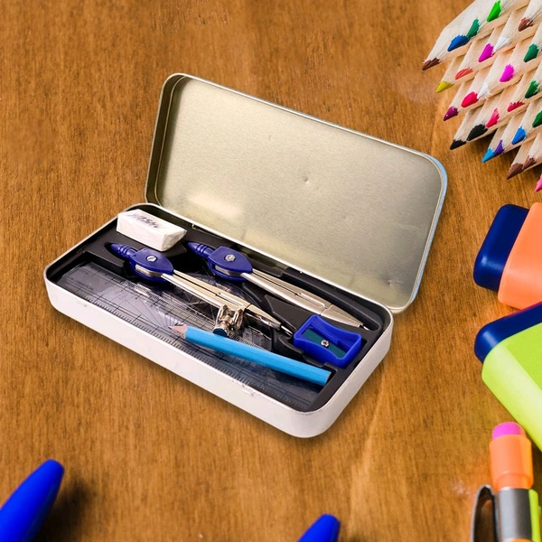 Complete Geometry Box Set with Compass, Scale, Set Squares, Protractor, Eraser & Sharpener – Metal Box with World Map Design | Ideal for School Students & Exam Use