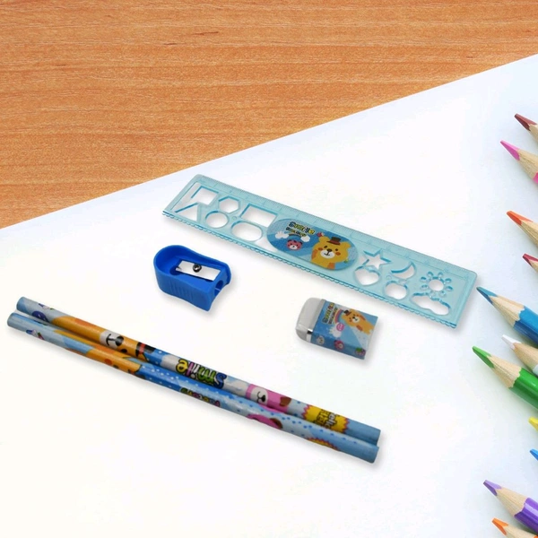 Stationery Kit for Kids: Stationery Set, Includes Wooden Pencil, Sharpener, Pencil and Eraser Set, Birthday Return Gift for Kids, Boys, Girls, 2 Pencil, 1 Scale, 1 Notebook,1 Sharpener, 1 Eraser & With Zip Bag (6 Pcs Set)