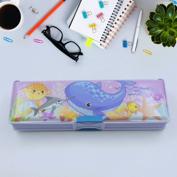 Multipurpose Compass Box, Plastic Double Deck Pencil Case with 2 Compartments, Supplies Utility Box Storage Organizer, Pencil Box for School, Cartoon Printed Pencil Case for Kids, Birthday Gift for Girls & Boys 