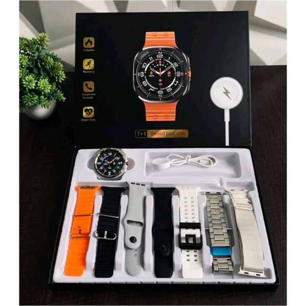 Smartwatch 7-in-1 Combo Gift Pack
Complete Luxury Set – Smartwatch + 7 Premium Straps + Wireless Charger - Silver
