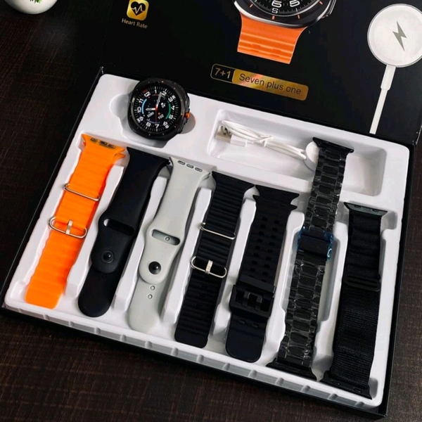 Smartwatch 7-in-1 Combo Gift Pack
Complete Luxury Set – Smartwatch + 7 Premium Straps + Wireless Charger - Black