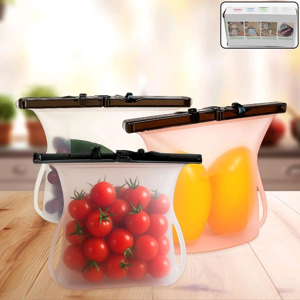 Reusable Silicone Food Storage Bag Set Leakproof Lock Reusable Flat Bottom Freezer Bags, Sandwich Bags, Silicone Food Grade Kids Snack Bags, BPA Free Microwave Dishwasher Safe (3 Pcs Set)
