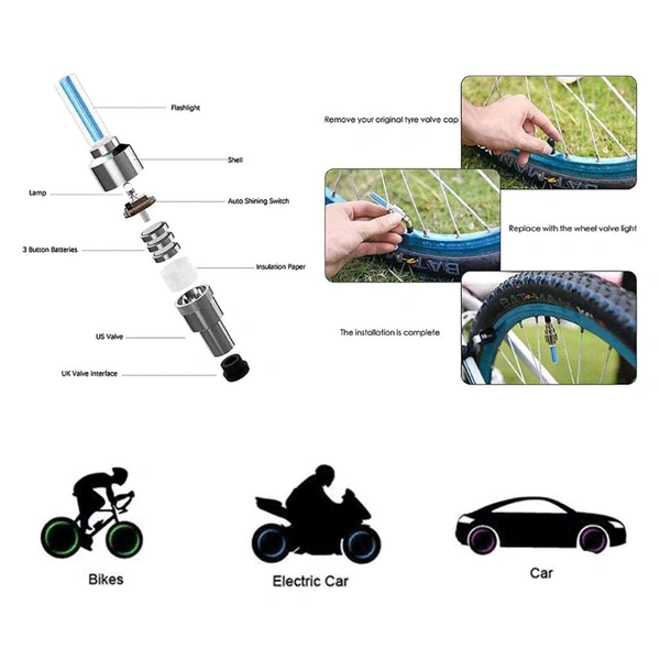 Tire valve cap lights screw onto the valve stem of your car, bicycles, or motorcycle in seconds (Pack Of 4)