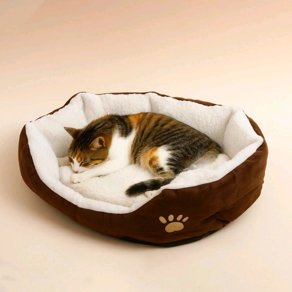 Luxury Soft Plush Round Pet Bed for Cats and Small Dogs with Non-Slip Base – Cozy Fleece-Lined Cushion Nest for Indoor Use – Warm and Comfortable Sleeping Mat with Raised Rim and Paw Print Design 