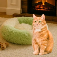Ultra Soft Fluffy Pet Bed for Cats & Small Dogs – Cozy Round Anti-Anxiety Nest Cushion in Dual-Tone Cream & Green Plush 