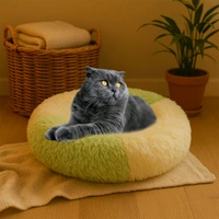 Ultra Soft Fluffy Pet Bed for Cats & Small Dogs – Cozy Round Anti-Anxiety Nest Cushion in Dual-Tone Cream & Green Plush 