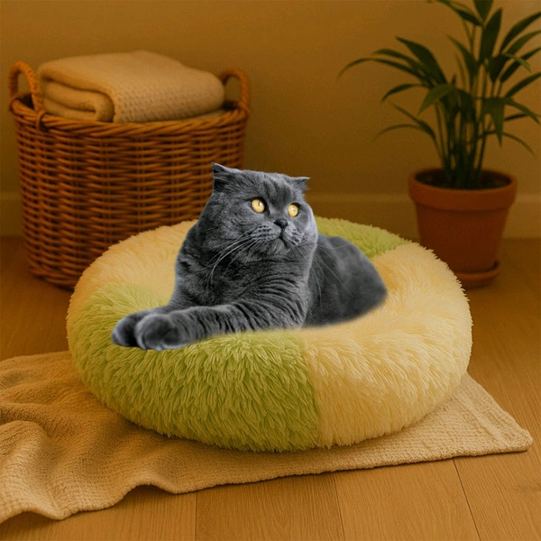 Ultra Soft Fluffy Pet Bed for Cats & Small Dogs – Cozy Round Anti-Anxiety Nest Cushion in Dual-Tone Cream & Green Plush 