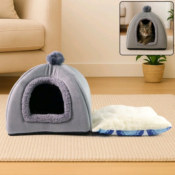Luxury Soft Plush Indoor Cat & Small Pet Tent Bed House with Removable Cushion – Warm and Cozy Foldable Dome Shelter for Dogs, Cats, Kittens & Puppies