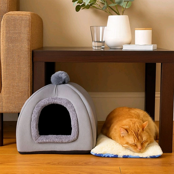 Luxury Soft Plush Indoor Cat & Small Pet Tent Bed House with Removable Cushion – Warm and Cozy Foldable Dome Shelter for Dogs, Cats, Kittens & Puppies