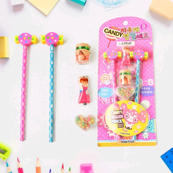 Candy Design Pencil Set with Accessories – 1 Set Stationery Combo for Kids (Includes 2 Pencils, Eraser, and Mini Jar)
