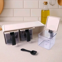 Grinss 3-Piece Modular Spice Storage Box Set with Stand and Spoons – Transparent Seasoning Containers with Black Handles and Hinged Lids for Kitchen Salt, Sugar, Masala & Condiments Organization