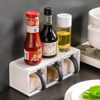 Grinss 3-Piece Modular Spice Storage Box Set with Stand and Spoons – Transparent Seasoning Containers with Black Handles and Hinged Lids for Kitchen Salt, Sugar, Masala & Condiments Organization