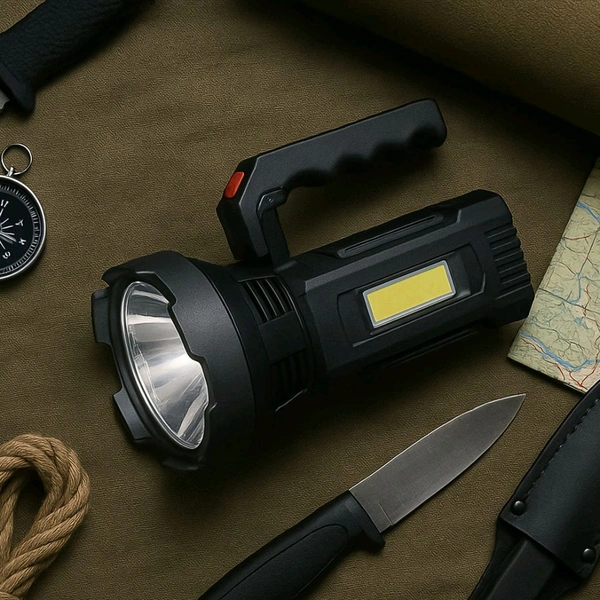 Heavy-Duty Rechargeable USB LED Hand Torch with COB Side Light Grip – Multipurpose Search Light for Outdoor, Camping, and Emergency Use