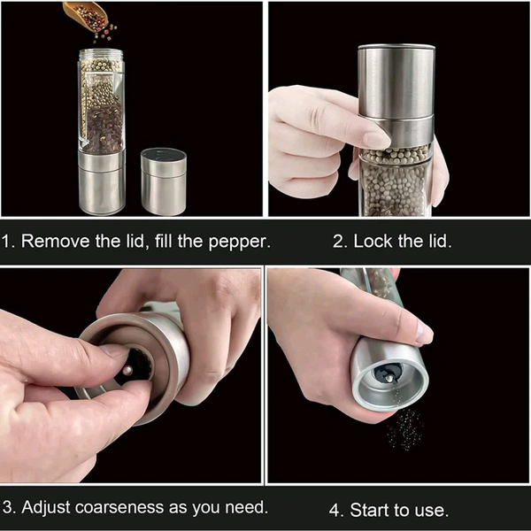 2-in-1 Stainless Steel Salt and Pepper Grinder – Adjustable Coarseness Dual-Chamber Manual Spice Mill for Kitchen, Table & Dining Use