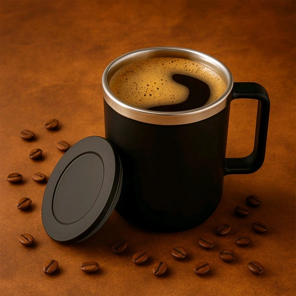 Apex Happy Mug with Silicone Lid – 400 ml Approx Capacity – Black Double Wall Insulated Coffee/Tea Mug with Handle – Durable Plastic Outer and Steel Inner Travel Mug for Home, Office, Gifting