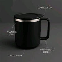 Apex Happy Mug with Silicone Lid – 400 ml Approx Capacity – Black Double Wall Insulated Coffee/Tea Mug with Handle – Durable Plastic Outer and Steel Inner Travel Mug for Home, Office, Gifting