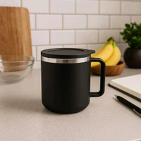 Apex Happy Mug with Silicone Lid – 400 ml Approx Capacity – Black Double Wall Insulated Coffee/Tea Mug with Handle – Durable Plastic Outer and Steel Inner Travel Mug for Home, Office, Gifting