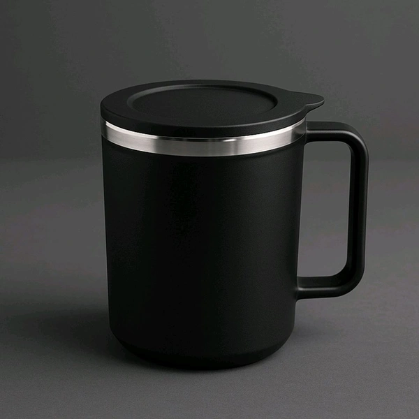 Apex Happy Mug with Silicone Lid – 400 ml Approx Capacity – Black Double Wall Insulated Coffee/Tea Mug with Handle – Durable Plastic Outer and Steel Inner Travel Mug for Home, Office, Gifting