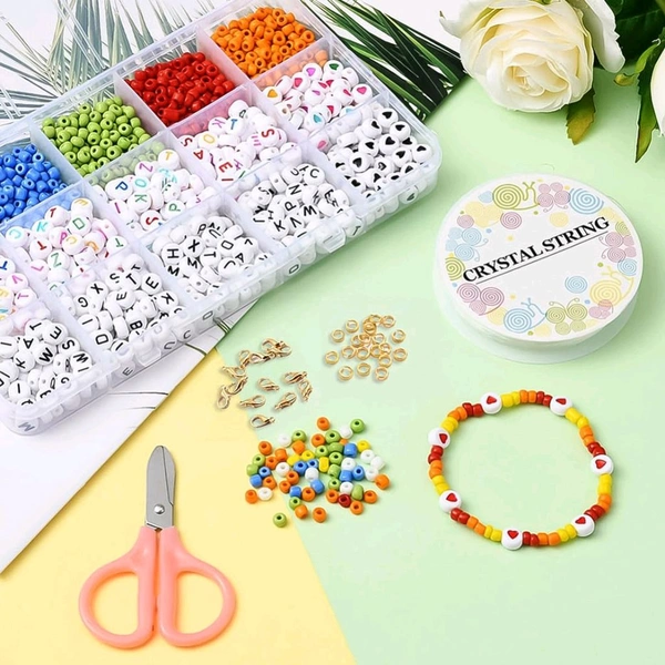 Premium DIY Bracelet Making Kit – 1 Set Complete Alphabet & Colored Beads Set with Crystal String, Clasps, Cutter – Jewellery Craft Kit for Kids & Adults