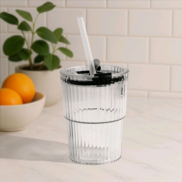 Monaco Premium Transparent Plastic Cup with Lid and Straw – Elegant Ridged Water, Juice, Coffee & Beverage Tumbler for Office, Home, and Café Use
