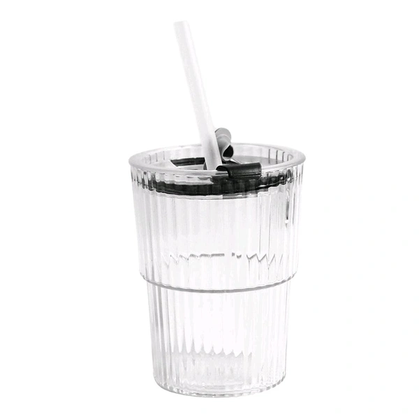 Monaco Premium Transparent Plastic Cup with Lid and Straw – Elegant Ridged Water, Juice, Coffee & Beverage Tumbler for Office, Home, and Café Use

