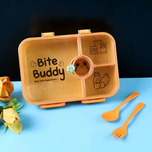 Bite Buddy 4-Compartment Leak-Resistant Plastic Lunch Box with Spoon & Fork – BPA-Free Tiffin Box for Kids and Office – Snap Lock Lid – 1 Set