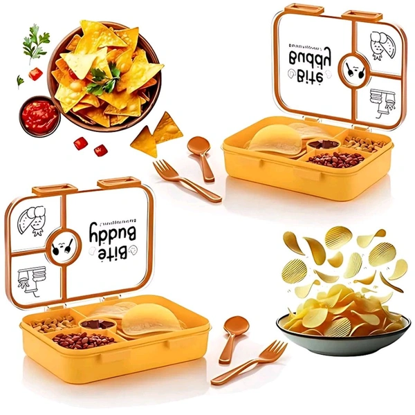 Bite Buddy 4-Compartment Leak-Resistant Plastic Lunch Box with Spoon & Fork – BPA-Free Tiffin Box for Kids and Office – Snap Lock Lid – 1 Set