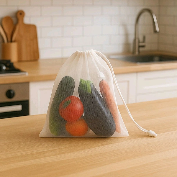 Reusable Mesh Produce Bags – Transparent Drawstring Storage Bags for Fruits, Vegetables, Groceries – Eco-Friendly, Lightweight & Washable Kitchen Organizer Pouches (Pack of 4) - Pack Of 4
