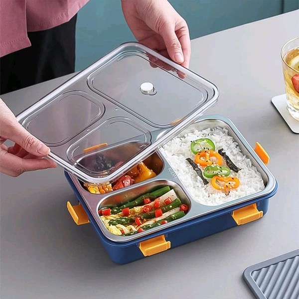 3 Compartment Transparent Stainless Steel Lunch Box with a Spoon and a Pair of Chopsticks