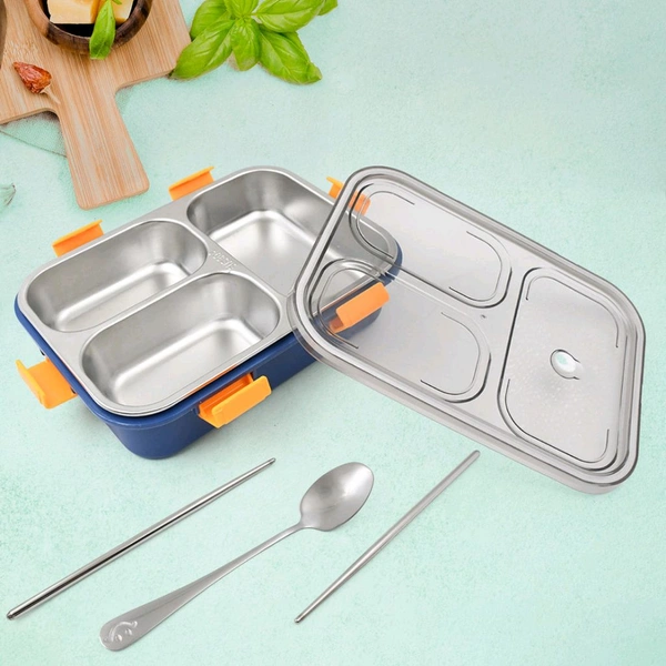 3 Compartment Transparent Stainless Steel Lunch Box with a Spoon and a Pair of Chopsticks