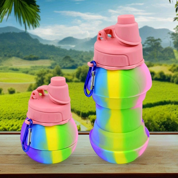 Flexible Collapsible Silicone Sports, Trekking, Cycling, Gym, School Water Bottle Expandable And Foldable With Snap Hook 