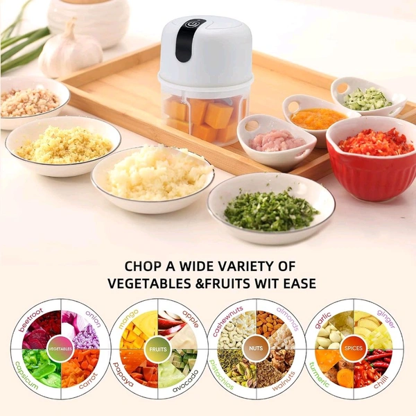 Wireless USB Rechargeable Mini Electric Garlic Machine / Chopper, Food Processor For Garlic, Ginger, Onion, Vegetable, Meat, Nuts Stainless Steel 3 Blades (250 Ml) 

