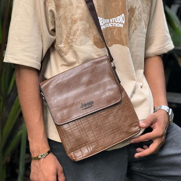 Jeep Crossbody Sling Bag - PU Leather Shoulder Bag with Adjustable Strap, Flap Cover, and Textured Design - MODEL1