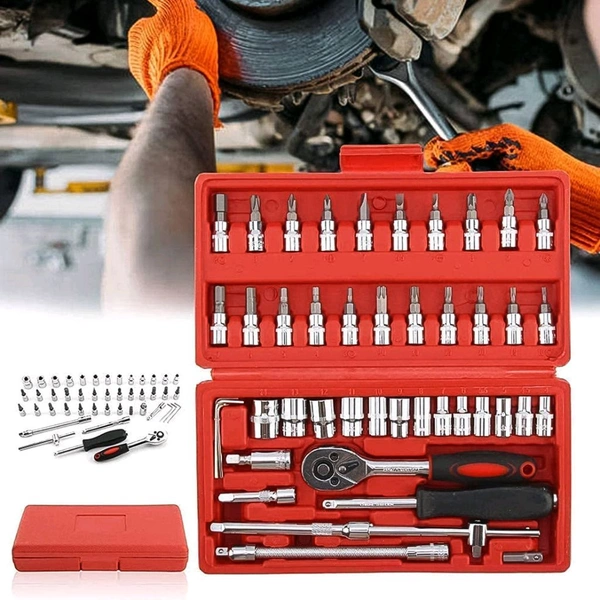 46-in-1 Precision Socket Wrench & Screwdriver Bit Set with Carrying Case – Chrome Vanadium Steel, Universal Ratchet Handle, DIY Car & Home Repair Tool Kit