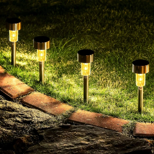 Solar-Powered Stainless Steel Garden Pathway Lights – Waterproof Outdoor LED Stake Lamps for Lawn, Driveway, Patio, Yard, and Landscape Decoration - Pack Of 4