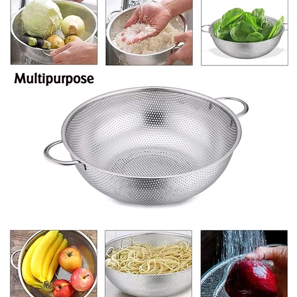 Stainless Steel Colander with Handle, Large Metal Mesh Basket Strainer for Pasta, Spaghetti, Berry, Veggies, Fruits, Kitchen Food Colander, Safe (1 pc / 25.5 cm)