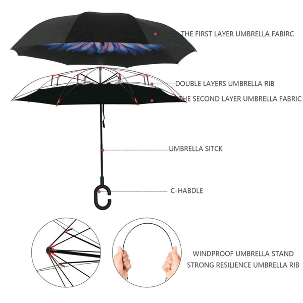 Plain design Windproof Upside Down Reverse Umbrella with C-Shaped Handle
