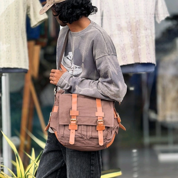 Vintage Canvas Messenger Bag for Men & Women – Crossbody Travel Shoulder Bag with Buckle Straps & Multiple Pockets - Brick Brown