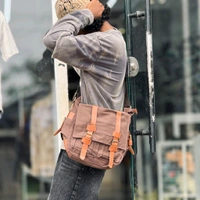 Vintage Canvas Messenger Bag for Men & Women – Crossbody Travel Shoulder Bag with Buckle Straps & Multiple Pockets - Brick Brown