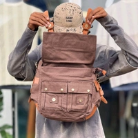 Vintage Canvas Messenger Bag for Men & Women – Crossbody Travel Shoulder Bag with Buckle Straps & Multiple Pockets - Brick Brown
