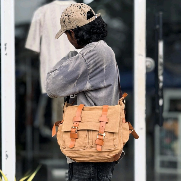 Vintage Canvas Messenger Bag for Men & Women – Crossbody Travel Shoulder Bag with Buckle Straps & Multiple Pockets - Dust Beige