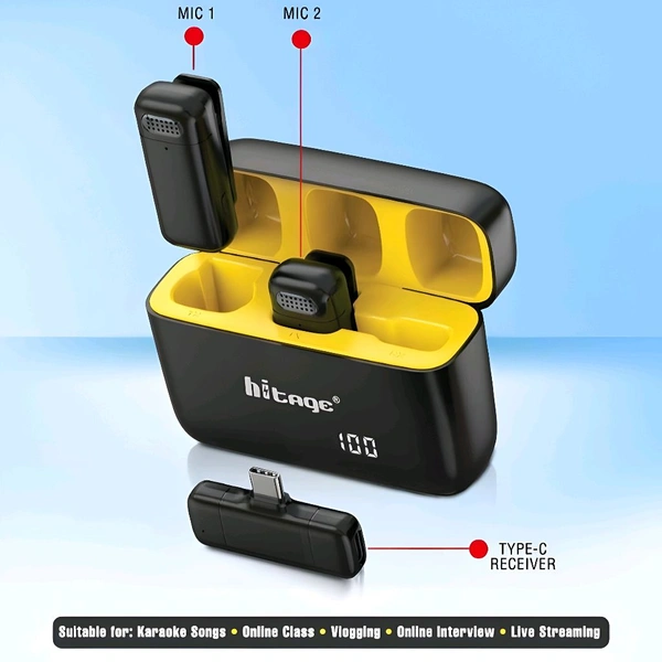 Hitage Dual Wireless Microphone Set with Charging Case | Type-C Receiver | Noise Cancellation | Ideal for Vlogging, Reels, Interviews & Online Classes