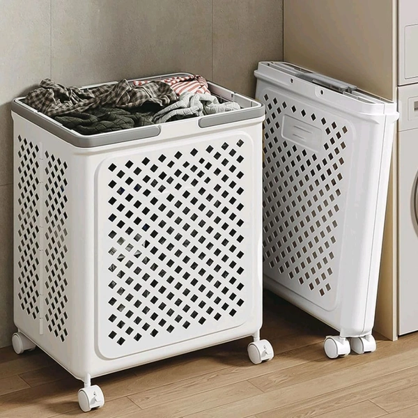 Large Foldable Laundry Basket with Wheels and Ventilation Holes | Portable Plastic Clothes Storage Hamper for Bedroom, Bathroom & Laundry Room | Rolling Utility Laundry Bin with Lidless Design