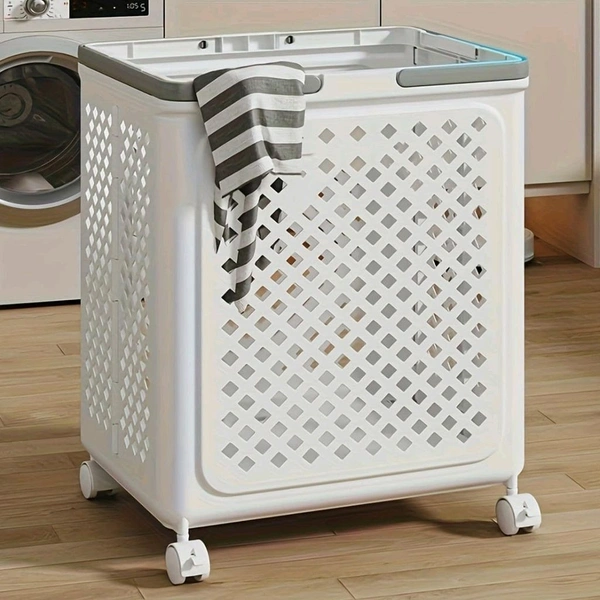 Large Foldable Laundry Basket with Wheels and Ventilation Holes | Portable Plastic Clothes Storage Hamper for Bedroom, Bathroom & Laundry Room | Rolling Utility Laundry Bin with Lidless Design