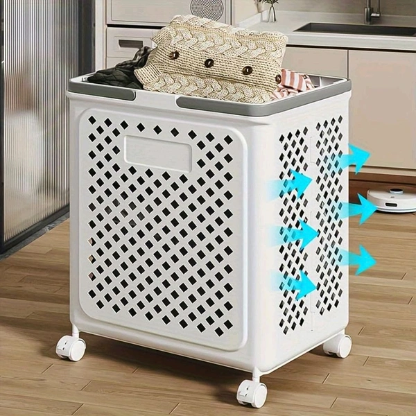Large Foldable Laundry Basket with Wheels and Ventilation Holes | Portable Plastic Clothes Storage Hamper for Bedroom, Bathroom & Laundry Room | Rolling Utility Laundry Bin with Lidless Design