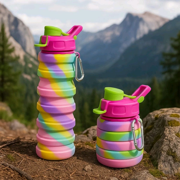 Colorful Collapsible Silicone Water Bottle with Carabiner Clip – Leak-Proof, Foldable, Travel-Friendly Design – Reusable BPA-Free Bottle
