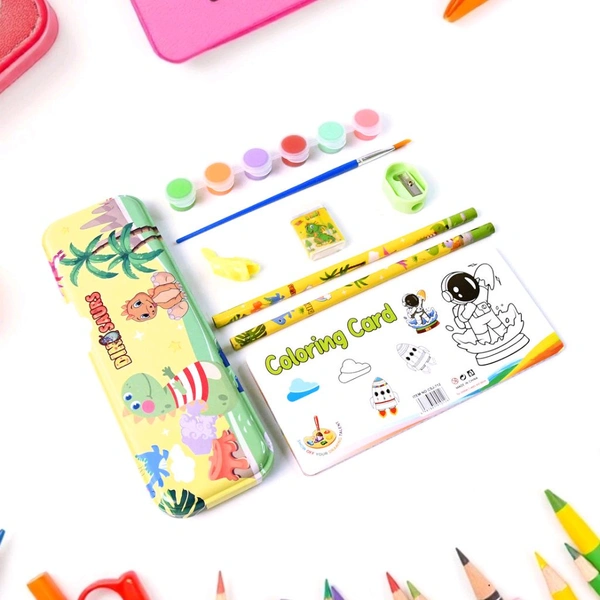 Kids Art & Stationery Gift Set – Includes Watercolor Palette, Coloring Cards, Metal Pencil Box, Pencils, Eraser, Sharpener & Dino Cap – Ideal Creative Drawing Kit for Children Aged 5+