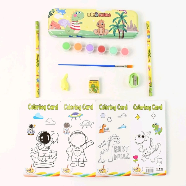 Kids Art & Stationery Gift Set – Includes Watercolor Palette, Coloring Cards, Metal Pencil Box, Pencils, Eraser, Sharpener & Dino Cap – Ideal Creative Drawing Kit for Children Aged 5+