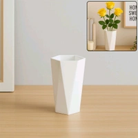 Modern Geometric Hexagon Plastic Flower Vase – Elegant White Tabletop Pot for Home & Office Decor – 1 Pc